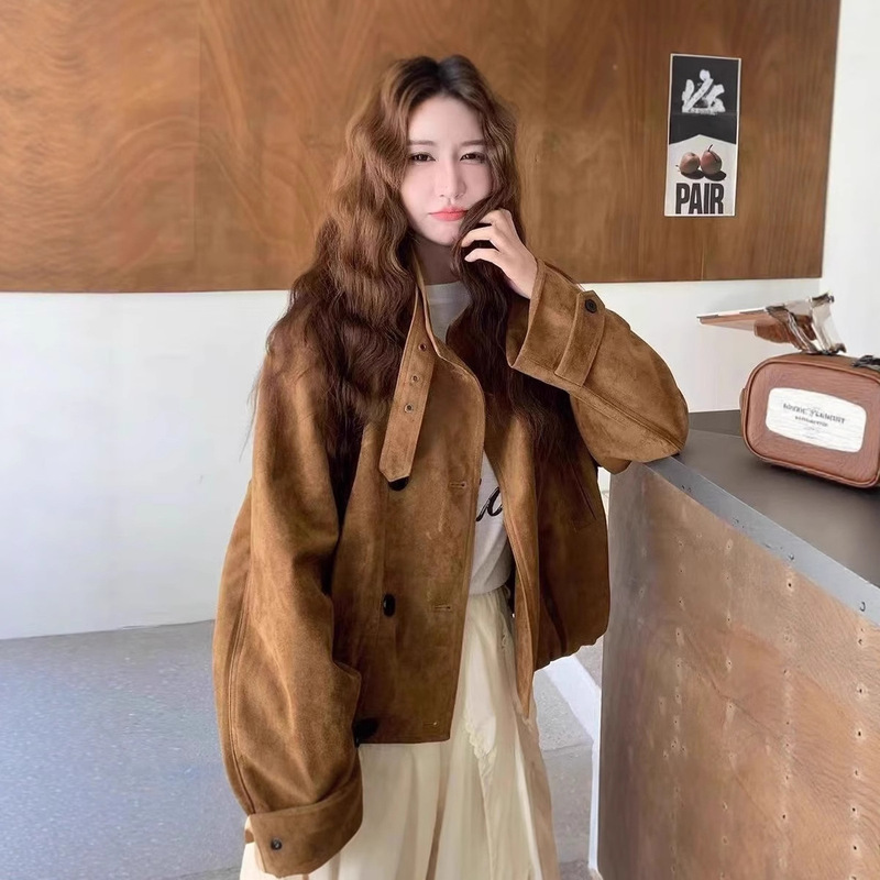 American Retro Suede Windbreaker Jacket for Women European Goods 2025 Autum New Fashion Casual Loose Jacket Top