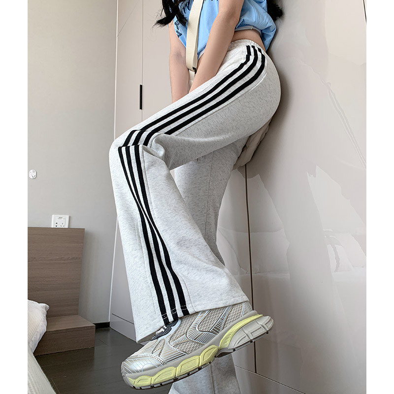 Gray Striped Flared Sweatpants for Women 2025 Autumn Slim Straight Wide-Leg Pants Loose Three-Stripe Casual Sweatpants