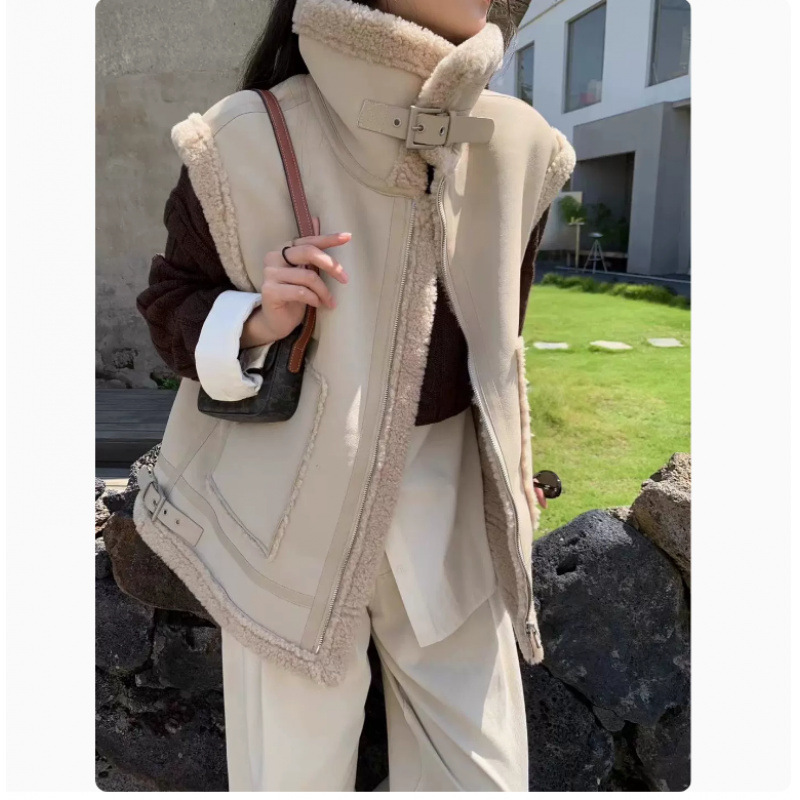 2024 Trendy New Style Hot Autumn and Winter Vest Jacket Women's Loose Fur One Deerskin Velvet Biker Jacket