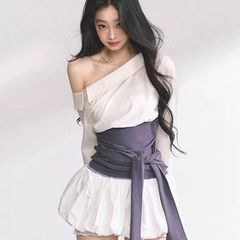 法式斜肩辣妹长袖T恤上衣套装夏季新款收腰设计花苞裙两件套