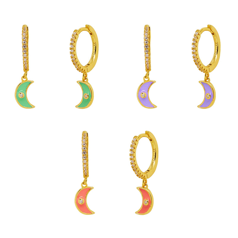 Cross-border European And American Diamond-studded Zircon Crescent Earrings Multicolor Oil Drop Moon Earrings display picture 8