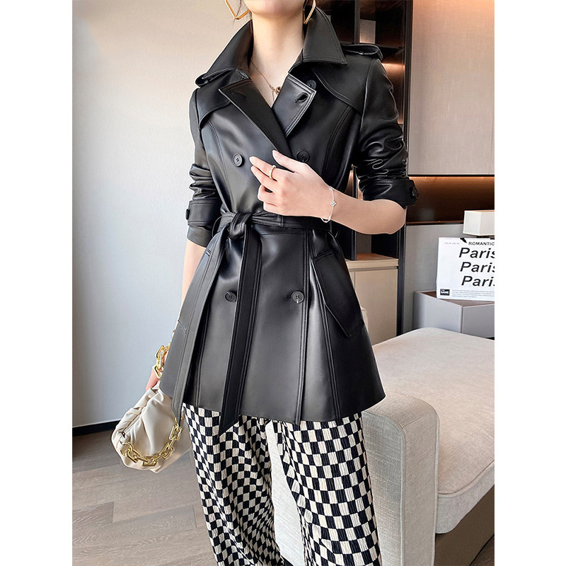 Factory Direct Sales 2024 Haining Genuine Leather Jacket Women's Autumn New Fashion Waist Mid-Length Sheepskin Windbreaker Jacket