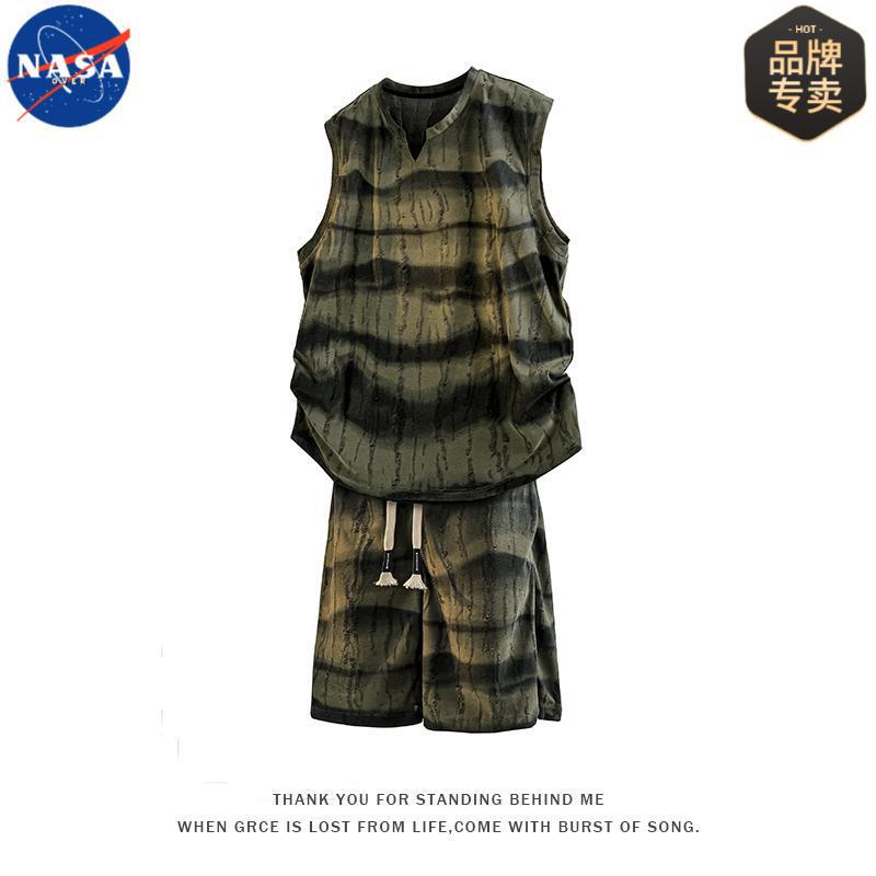 Nasa Brand American Casual Summer Ice-Feel Stripesd Sleeveless Vest Suit Men's Sports Tie-Dye Shorts Two-Piece Set