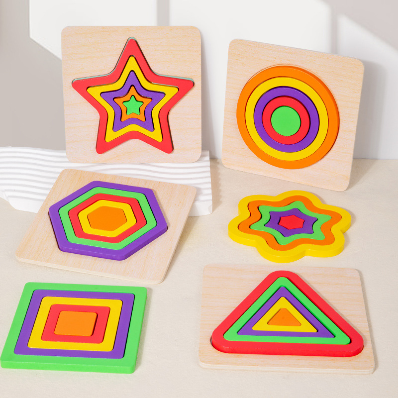 Montessori Educación temprana Rompecabezas tridimensional de madera para niños Rompecabezas de imposición Formas geométricas Cognición Juguetes para bebés y niños pequeños