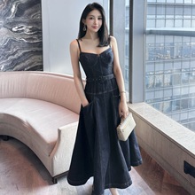 夏季新品女装深蓝色牛仔时尚旅游度假风高腰性感吊带长款连衣裙子