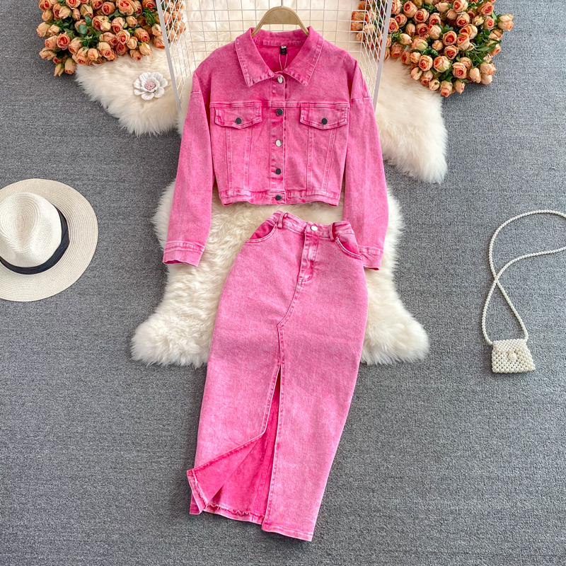 Pink Denim Jacket Short Women's Loose Jacket Top Two-Piece Suit Mid-Length High Waist Hip Skirt Autumn