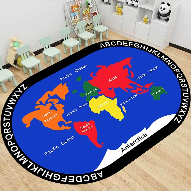 New Oval-Shaped Cartoon Crystal Velvet Carpet, Children's Room Reading Area Foot Mat, Kindergarten Game Mat