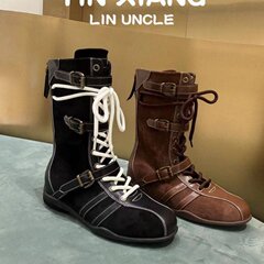 牛皮版~5cm内增高厚底拳击靴女升级版猎鸭靴皮带扣设计马丁靴短靴