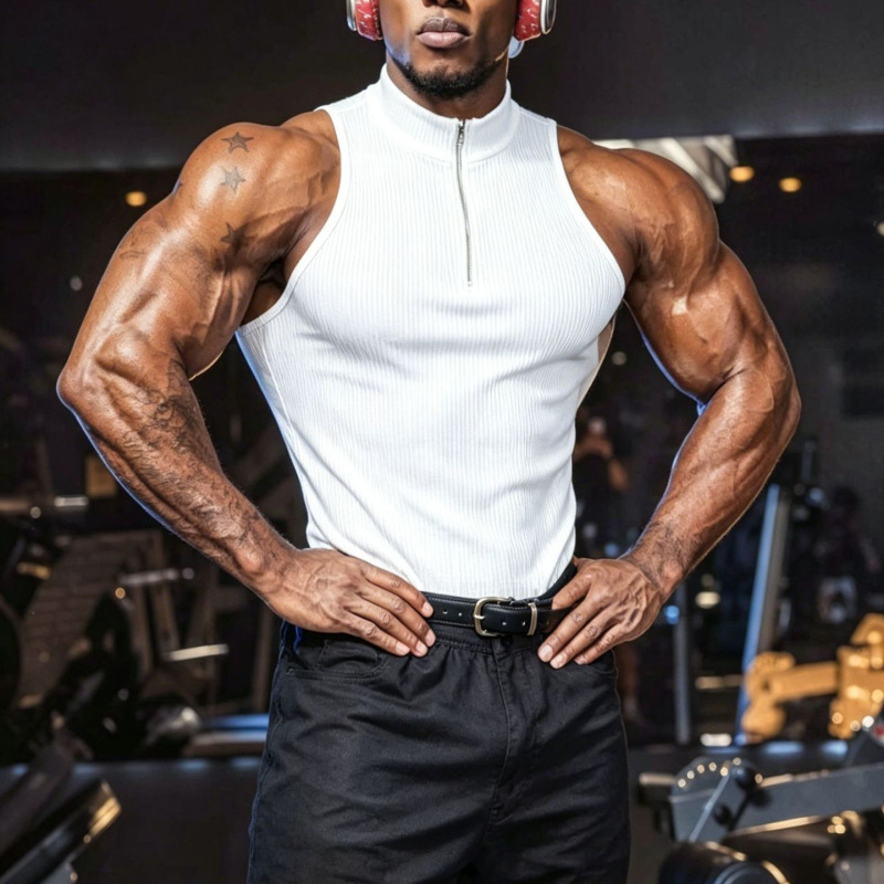 Muscular Men's Fitness Training Clothing, Solid Color Breathable Base Layer Sports Sleeveless T-Shirt, High-Neck Elastic Quick-Dry Tank Top Muscular Men's Fitness Training Clothing, Solid Color Breathable Base Layer Sports Sleeveless T-Shirt, High-Neck Elastic Quick-Dry Tank Top