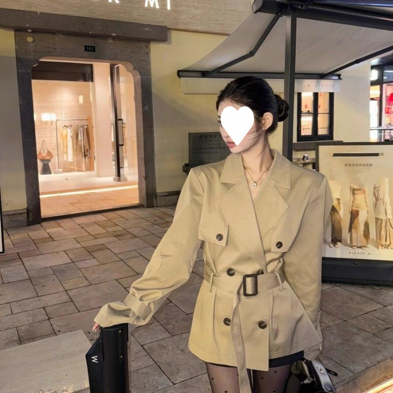 美式辣妹卡其色廓形双排扣中长款风衣秋冬感外套女涤纶半开领长袖|undefined