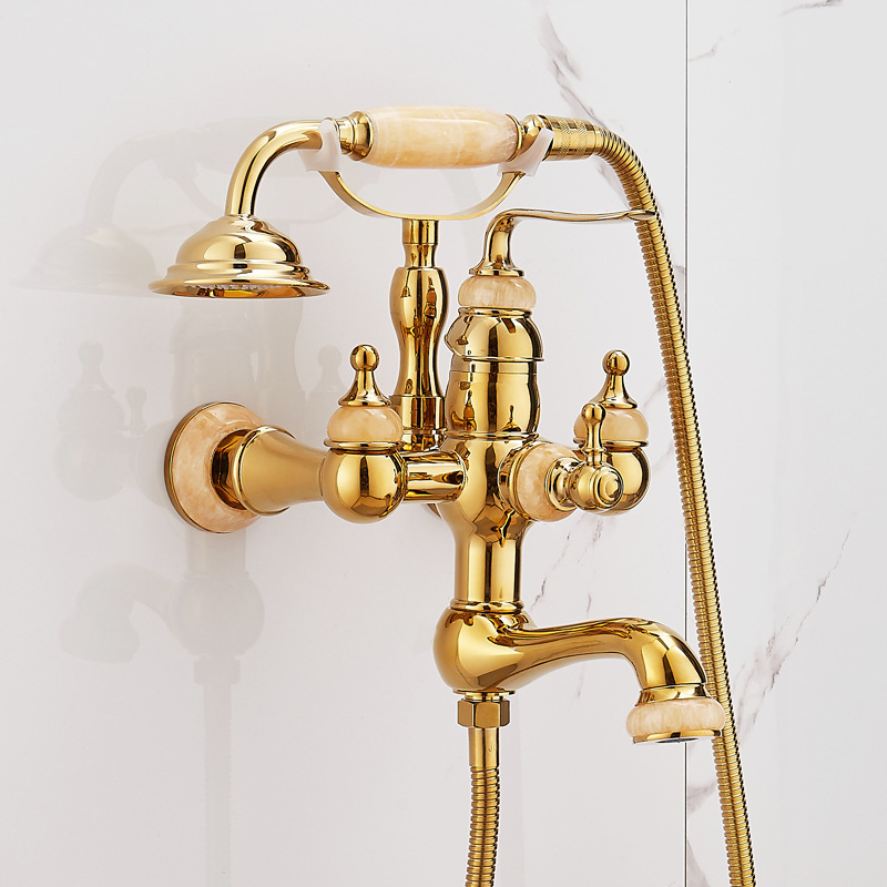 European style golden bathtub hot and cold faucet retro bathroom simple triple shower shower all copper Jade faucet