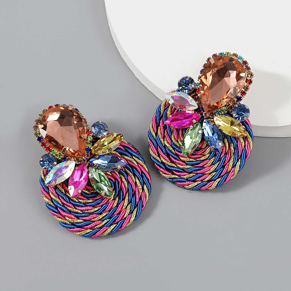 30g Weight Iron Ear Needle Material Rhinestones, Glass Inlay Material Ear Studs Classification 1 Pair Quantity Holiday, Party Occasion Polyester, Glass Material Color Block Pattern Unisex Gender Braid Design Ethnic Style, Shiny Style 1 Pair Ethnic Style Shiny Color Block Braid Polyester Glass Rhinestones Glass Ear Studs 1