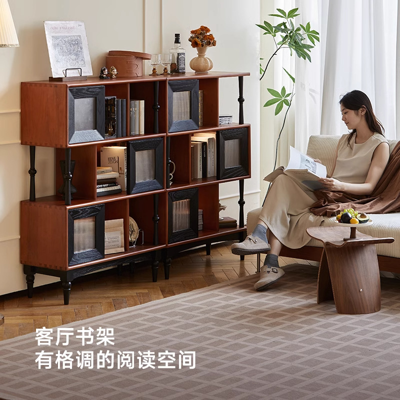 French Retro Mid-Century Style Solid Wood Bookcase Home Living Room Wall Storage Cabinet Muse Floor-Standing Wall Storage Bookshelf