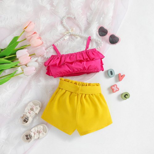 SAMGAMIBBAY Cross-border Kids' Summer Girls' Set Children's Cute Ruffled Strappy Yellow Shorts