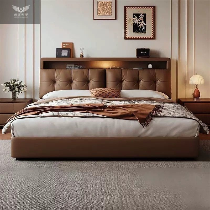 Cama de cuero multifuncional moderna y simple dormitorio principal doble cama de paquete flexible atmósfera italiana cajón de almacenamiento de cabecera de lujo