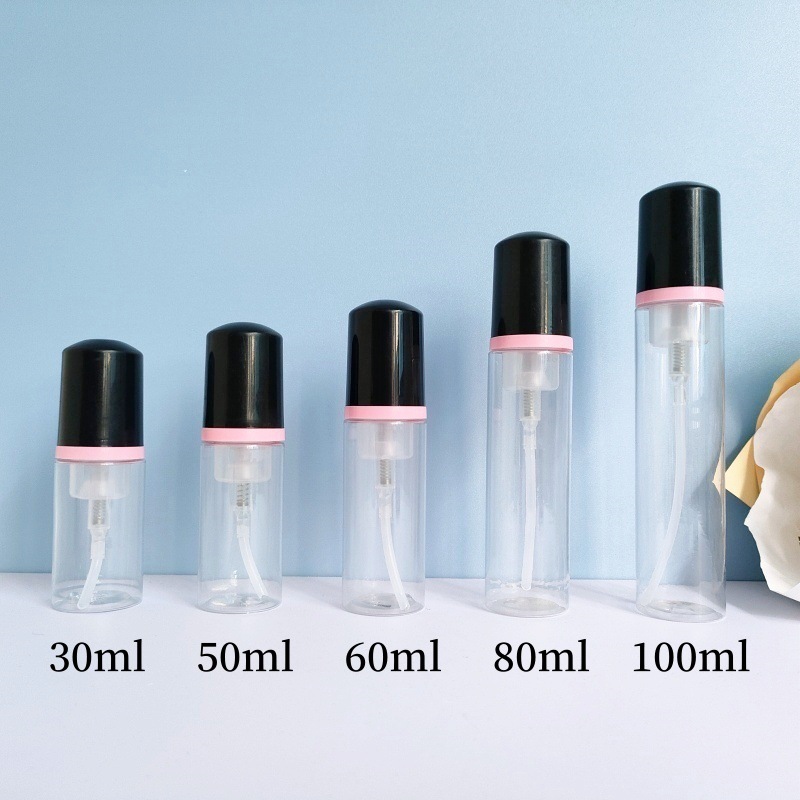30 dientes PET mousse transparente botella 30ml100ml limpiador facial espuma botella champú espuma botella de pie en stock