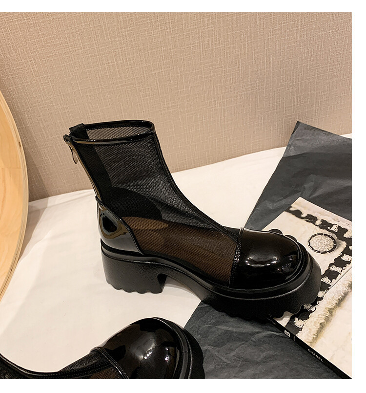 Boot ngắn nữ da thật vải lưới cao gót 6cm mùa hè phong cách Anh thoáng khí — Màu đen, Trắng be chi tiết 77