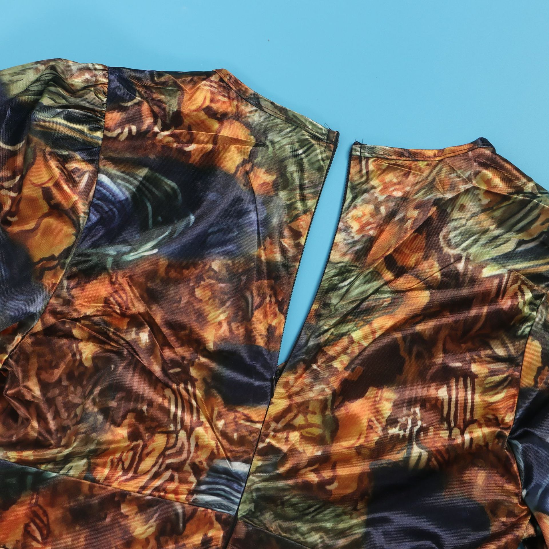 Women's Clothing Sexy Printed Ruffled Lantern Sleeve Hip Hugging Slim Fit Long Sleeve Dress_voghion.com