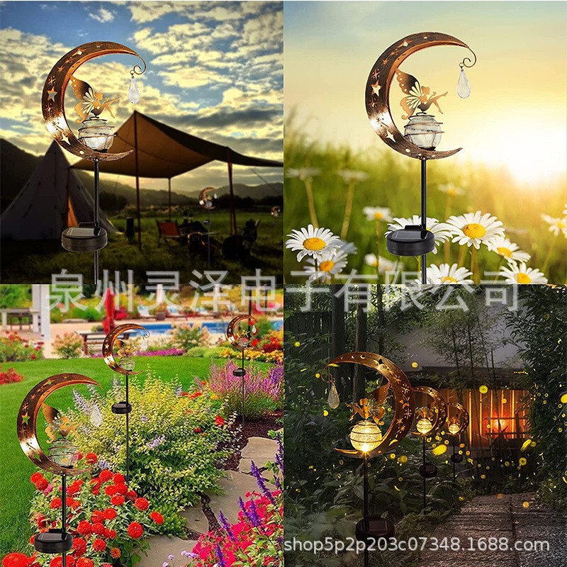 Cross-Border Amazon Solar-Powered Moon Fairy Lights Outdoor Glass Crackle Ball Iron Art Crafts Garden Decorative Lights