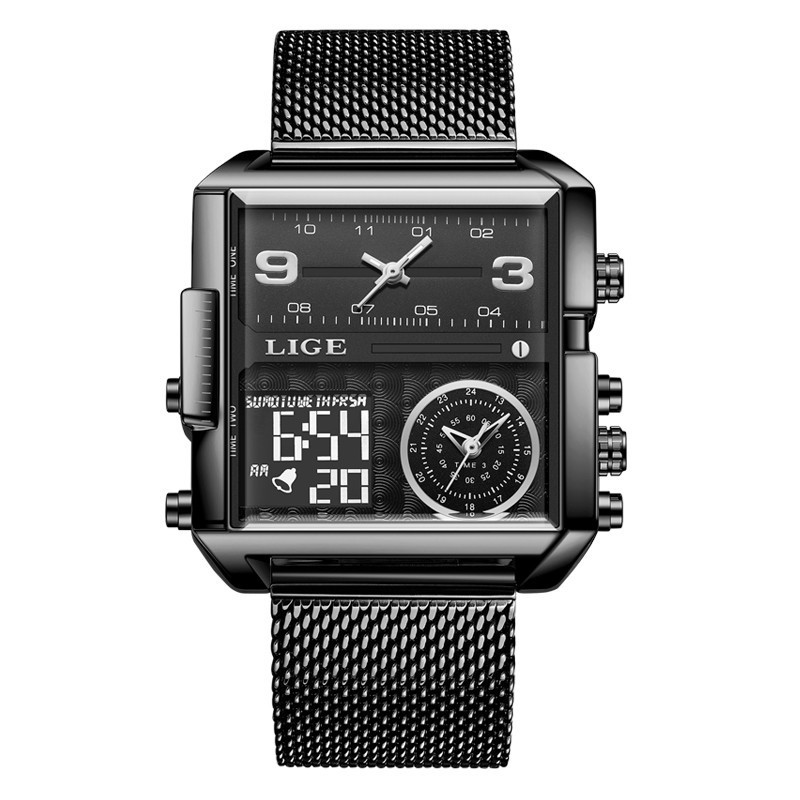 LIGE 8925SS nuevo cinturón de malla placa cuadrada doble pantalla personalidad creativa electrónica de cuarzo reloj de hombre fresco