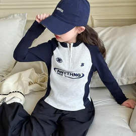 纯棉女童2025新款春秋装美式字母打底儿童休闲修身长袖韩版T恤