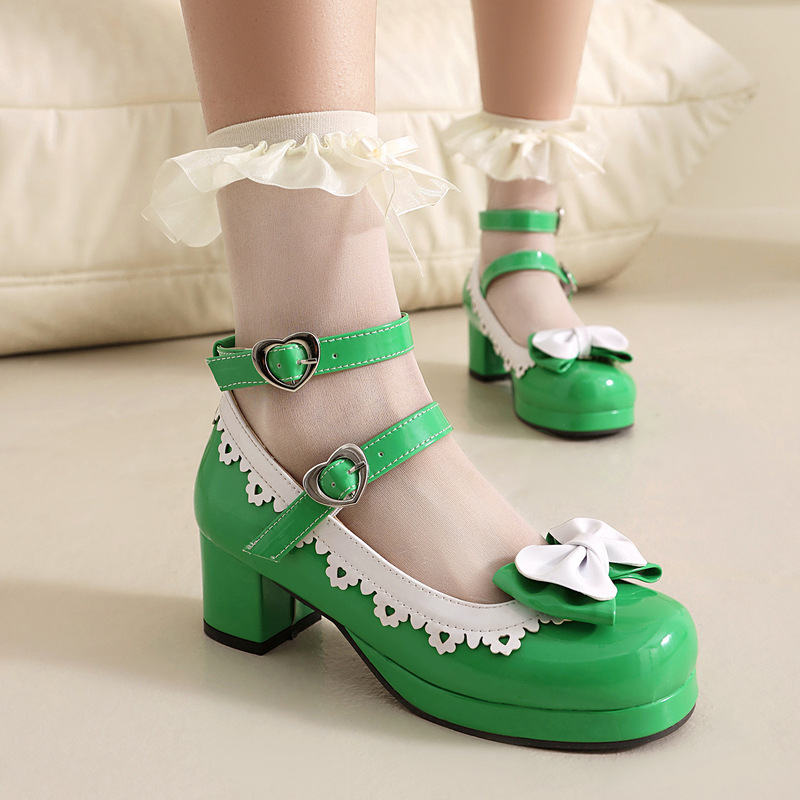 Sweet bow carved lace shoes double trip with square head spring and autumn women's shoes thick high heels 40-48 foreign trade shoes Sweet bow carved lace shoes double trip with square head spring and autumn women's shoes thick high heels 40-48 foreign trade shoes