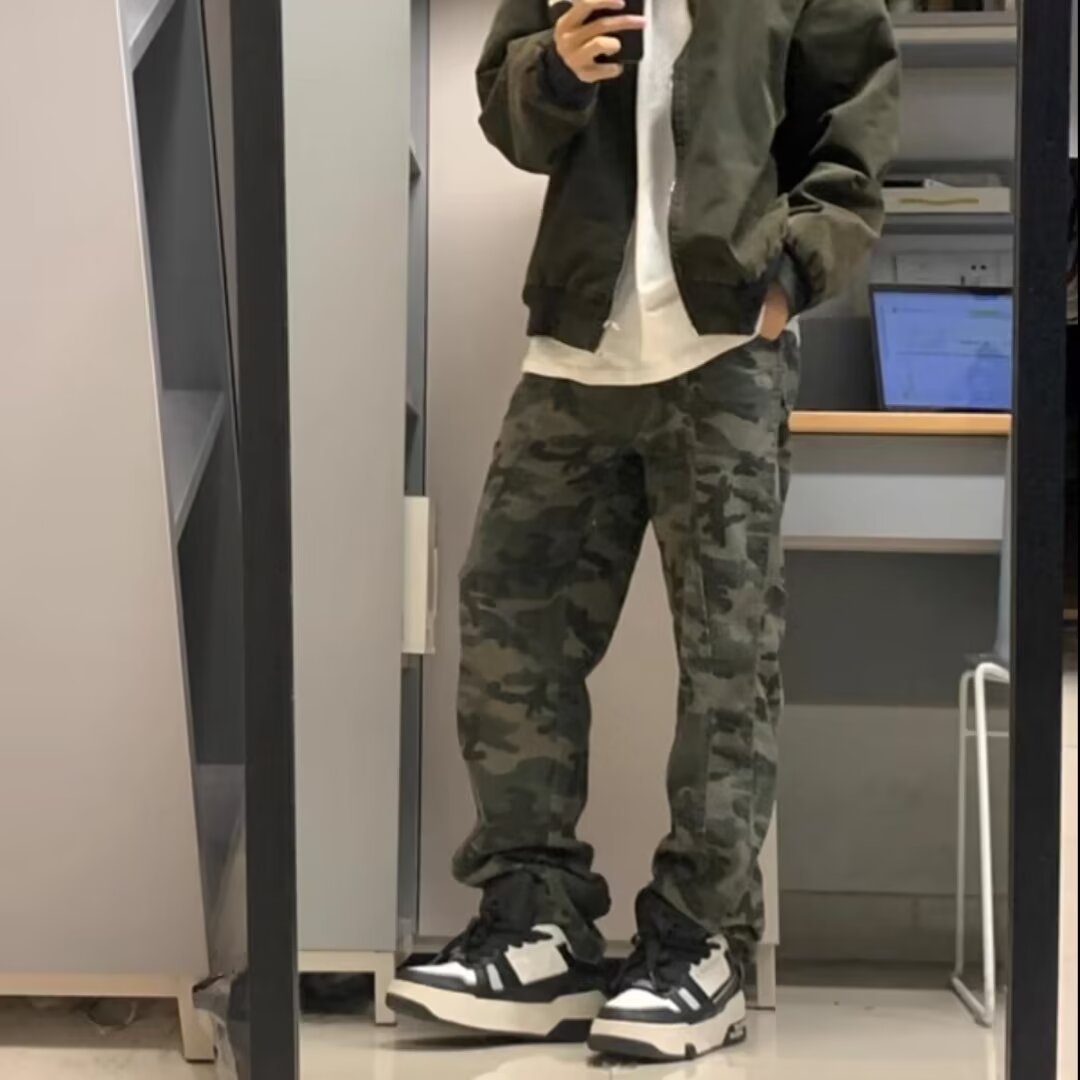 Vaqueros de camuflaje de marca de moda americana para hombres y mujeres, monos rectos de primavera y otoño, pantalones casuales anchos