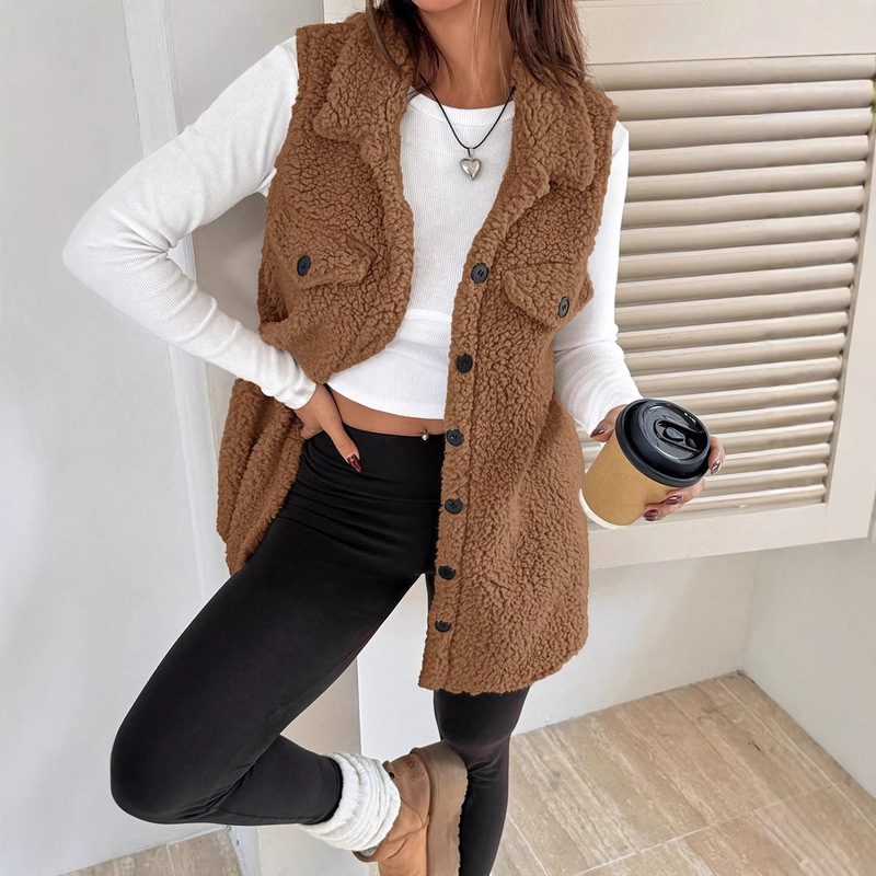 Cross-Border Brown Long Sleeveless Plush Vest for Women, Aliexpress Amazon Foreign Trade Versatile Style with a Turn-Down Collar