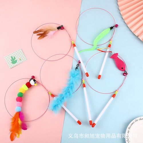 Cat toys funny cat stick steel wire feather bite-resistant small fish long pole with bell replaceable head pet cat supplies