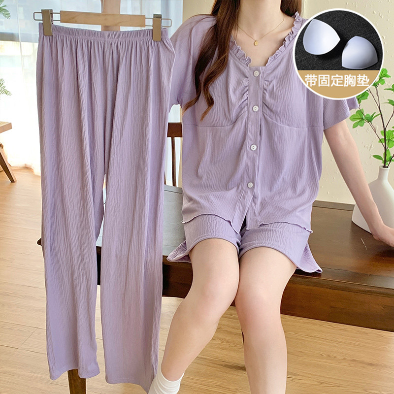 Taro púrpura gasa pijamas de verano de las mujeres de manga corta de algodón puro con almohadilla en el pecho de la primavera y el otoño de alto grado desgaste del hogar traje de tres piezas