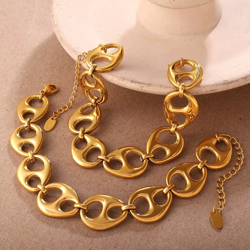 欧美跨境新品简约几何环扣拼接手饰潮流个性夸张风猪鼻子手链