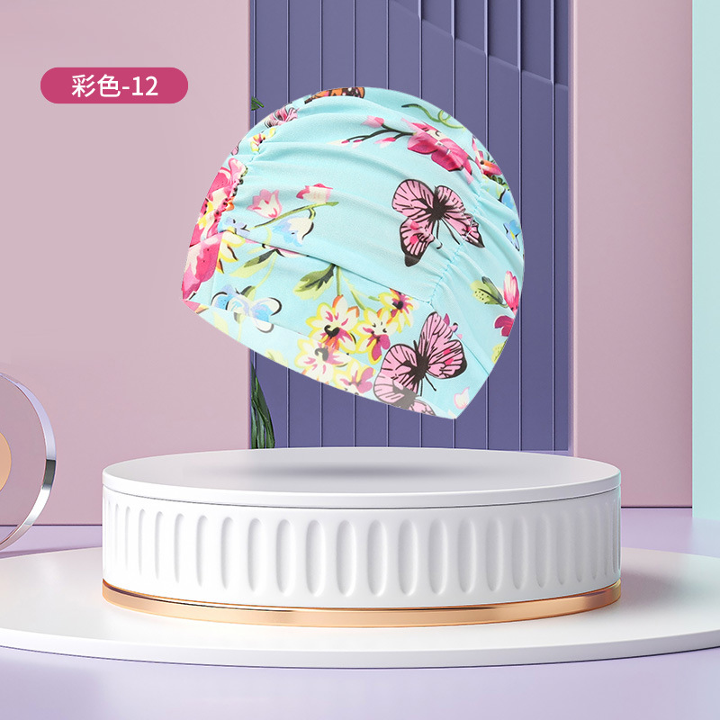 Sombrero de tela de natación adulto unisex cuidado del cabello protección del oído gorro de natación moda no-apriete cabeza plisada gorro de natación al por mayor