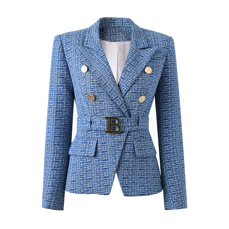 Women's elegant commuter small suit OL elegant intellectual shoulder pad elegant European and American cross-border coat Denim fabric Jacquard