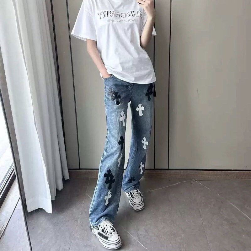 2025 Cross Crow Pants Trendy Brand Washed Jeans Patched Leather American High Street Straight Men's and Women's Loose 2025 Cross Crow Pants Trendy Brand Washed Jeans Patched Leather American High Street Straight Men's and Women's Loose