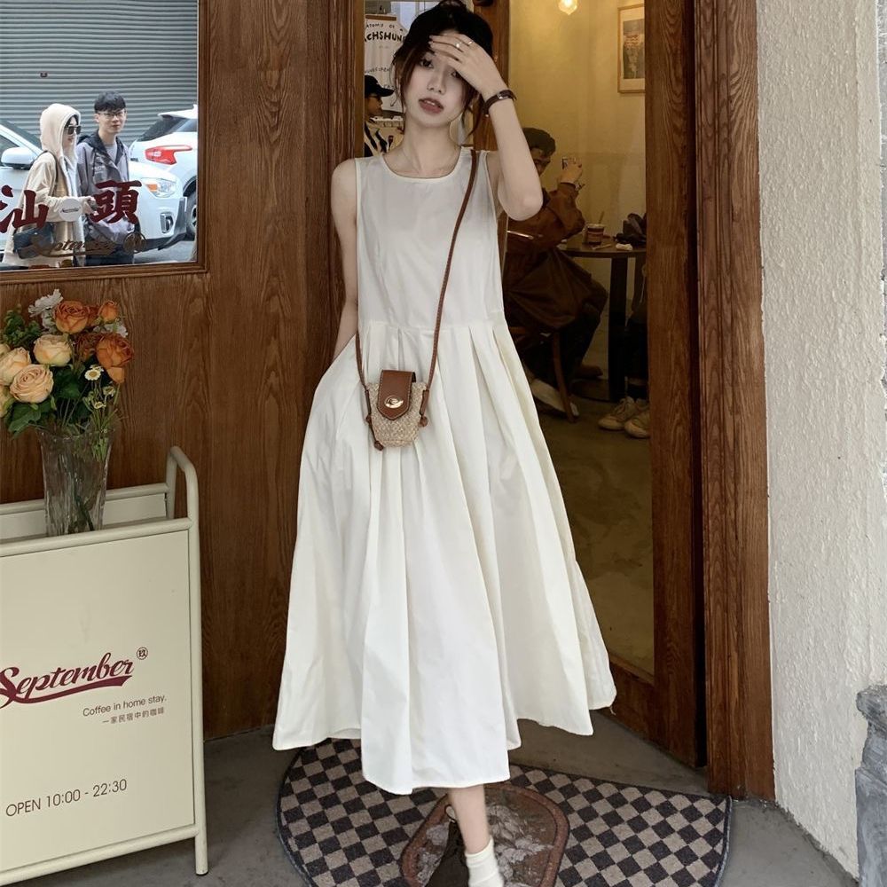 夏季新款韩系女装茶歇法式白色无袖连衣裙小个子显瘦气质背心长裙
