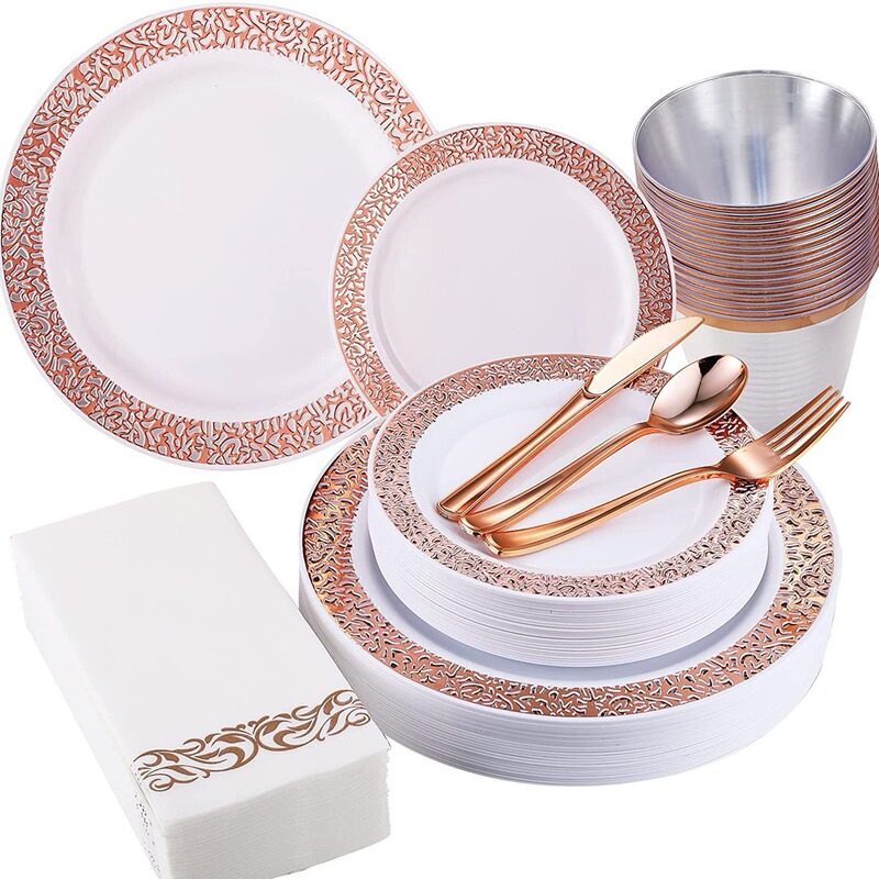350 pieces rose gold hollow side plate suit plastic cup knife fork spoon disposable tableware in stock cross-border temu