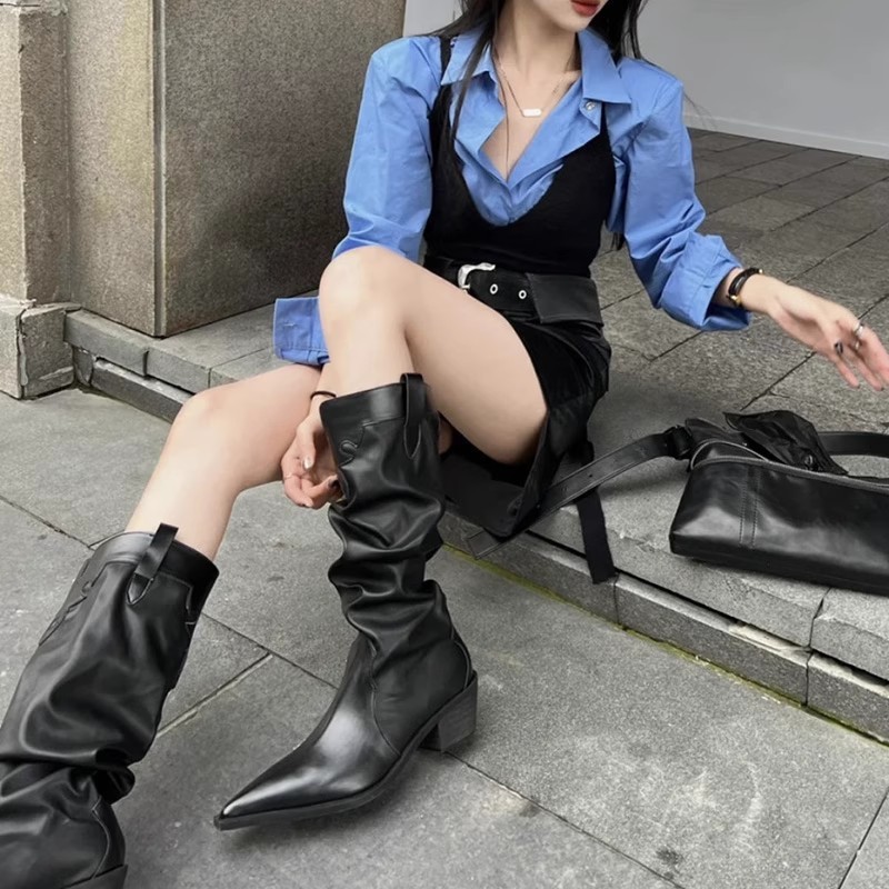 牛仔西部靴女褶皱堆堆靴2025秋季复古小众粗跟尖头长靴高筒骑士靴|undefined