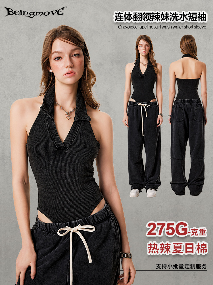 Verano chica sexy europea y americana sin mangas con cuello en v mono delgado con cuello de polo cuello halter ropa de mujer