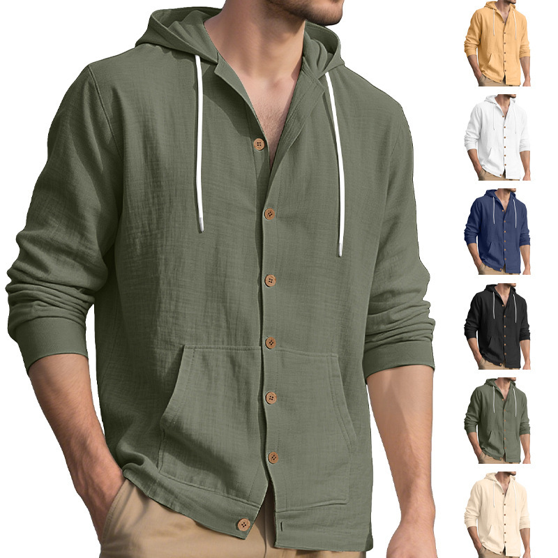 European and American Cross-Border Amazon Pure Color Fashion Shirt Men's Casual Sports Cotton and Linen Long-Sleeved Buttoned Hooded Cardigan Jacket