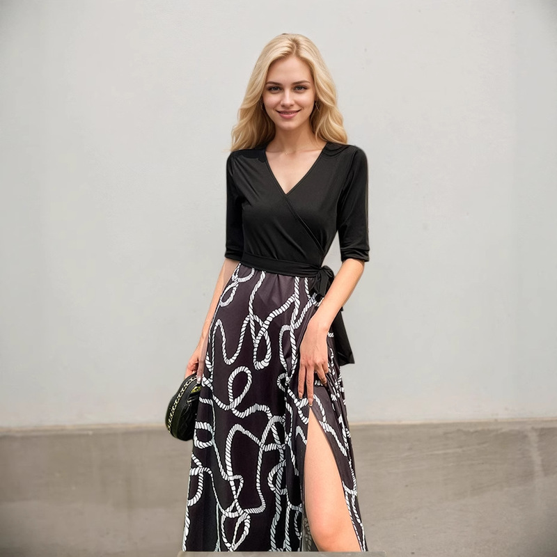 2025 cross-border black and white chain printing stitching wrap skirt holiday travel one-piece large dress