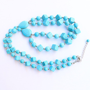 Synthetic Turquoise Handmade Beaded Necklace Irregular Imitation Turquoise Diy Vintage Long Necklace Women