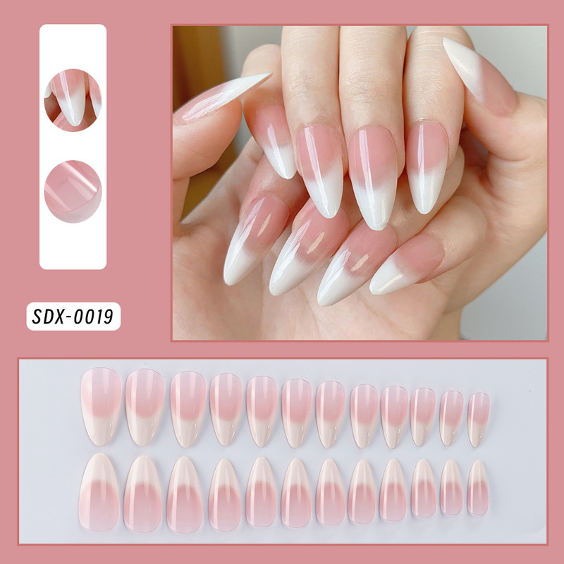 Cross-Border 24 Pieces of White Gradient French Water Drop Almond Nails Wearable Nails Short Nails Manicure Nails Wearable Nails Wholesale