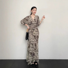 スペインマルベリーシルクドレス春夏新作白黒ニレプリント高級シルクラップドレス