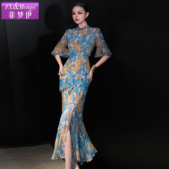 Feimengyi 100 マルベリーシルクプリントブルードレス女性の夏の新しい中国風のハイエンドシルクチャイナドレス