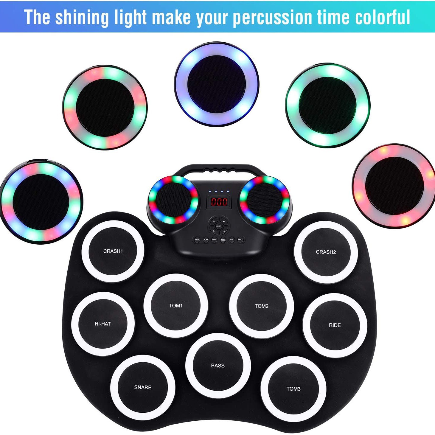 WERSI tambor electrónico portátil rollo de mano tambor electrónico luz intermitente Bluetooth tambor incorporado batería de litio con altavoz