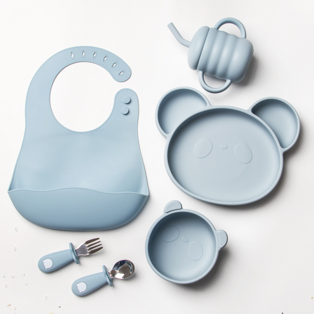 Cute Panda Kidsren's Food Supplement Silicone Feeding Supplies Baby Plate Bowl Fork Spoon Water Cup with Gift Box Cross-Border Set