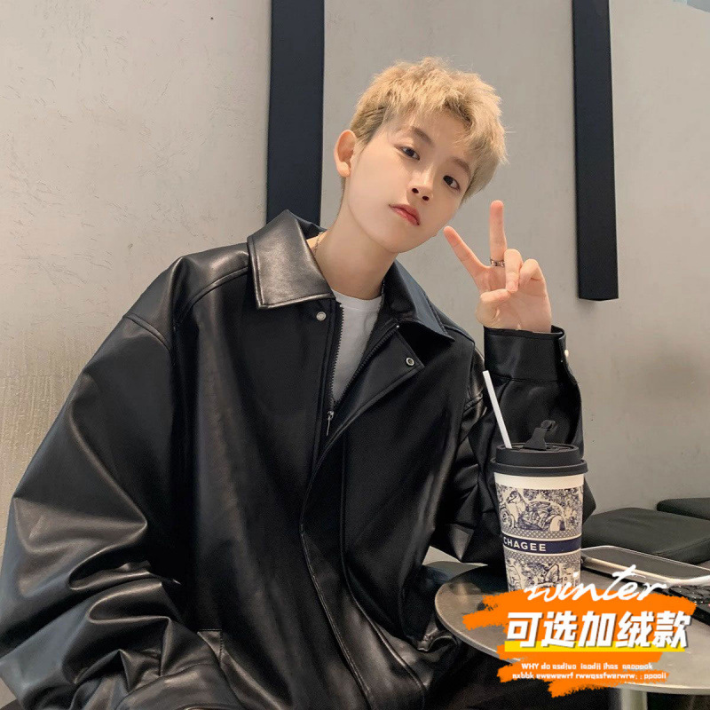 가죽 자켓 남성 봄과 가을 미국 스타일 유행 브랜드 PI SHUAI STREET HIPHOP 오토바이 스타일 재킷 느슨한 옷깃 탑