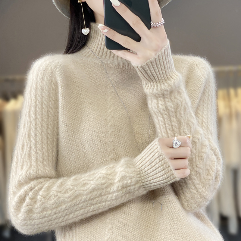 100% pure woolen sweater, half high neck, red sweater, autumn and winter, thickened and loose, lazy style pullover, bottom knit sweater for women