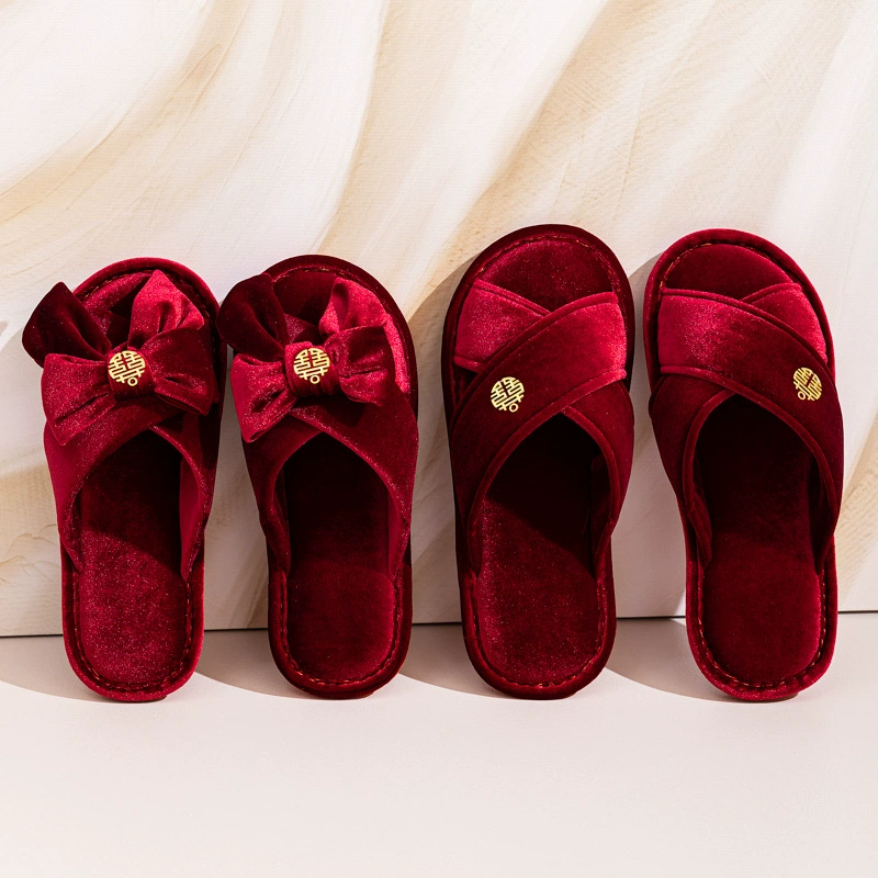 Тапочки из красного бархата с бантом, женские осенне-зимние свадебные утренние платья, тапочки, тапочки на год жизни невесты, Нескользящие