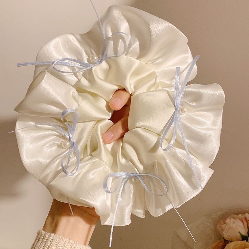 69#Blue bow pearl cream white satin lace trim, approximately 20cm